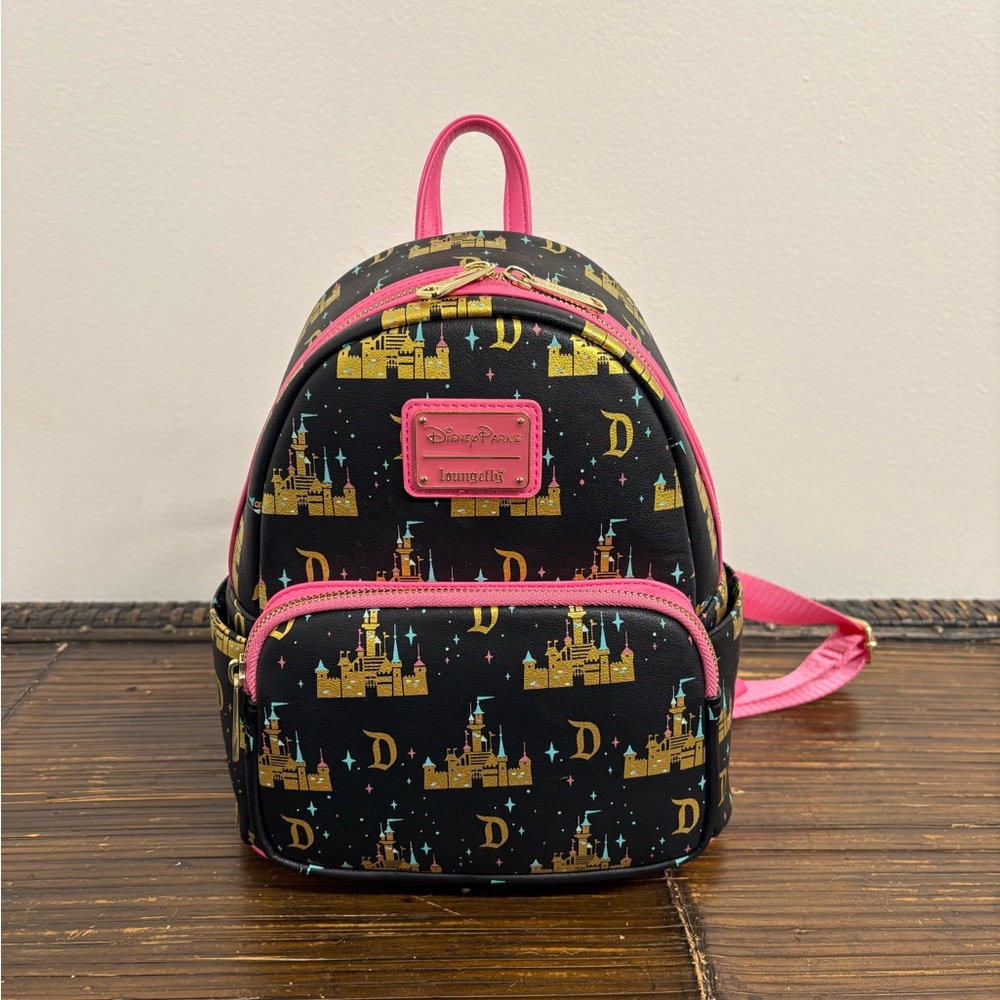 Disneyland Loungefly Sleeping Beauty Castle Backpack Pink Black Gold